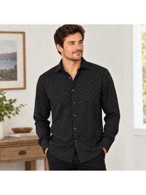 Denim & Flower Black Button Down Shirt by Ricky Singh Men XL Swiss Dot Easy Care